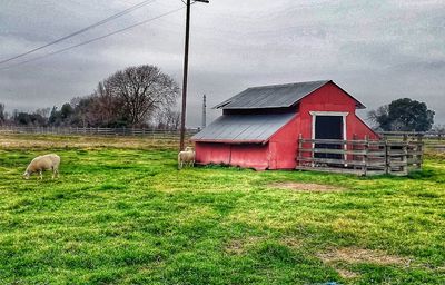 Barn on grassy field in front of built structure against sky