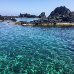 Scenic view of sea against clear blue sky