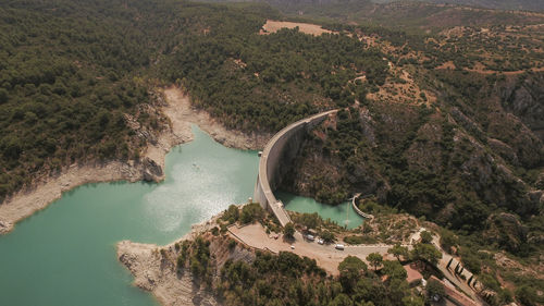 High angle view of dam by river against sky