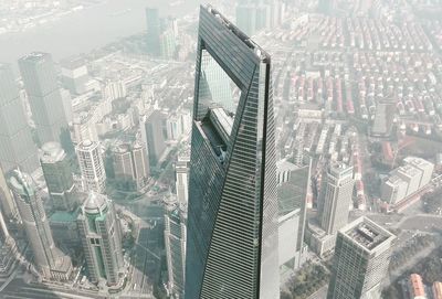 High angle view of modern buildings in city