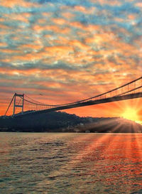 Bridge over river at sunset