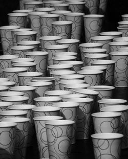 High angle view of disposable cups on table