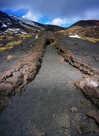 Low angle view of mountains against cloudy sky