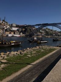 Bridge over river in city against clear sky