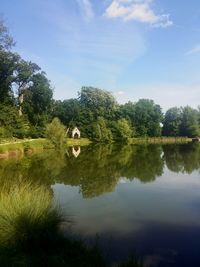 Reflection of trees in lake against sky