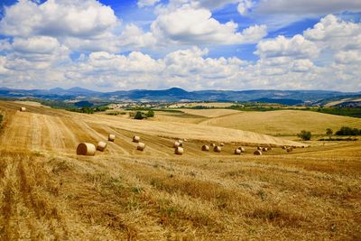 Hay bales on field against sky