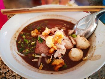 High angle view of soup in bowl