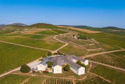 High angle view of agricultural field against sky