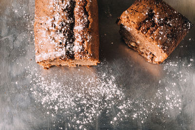 High angle view of chocolate cake in baking tray