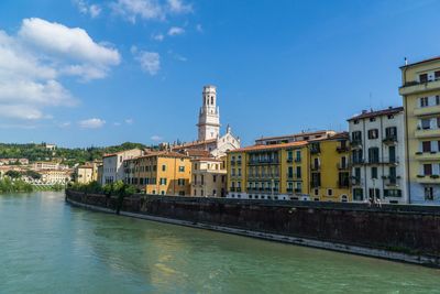 River by buildings against blue sky