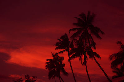 Silhouette palm trees against romantic sky at sunset