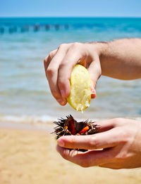 Midsection of man holding ice cream on beach