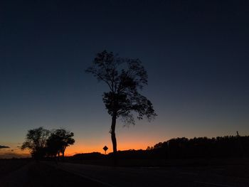 Silhouette trees on field against clear sky at sunset