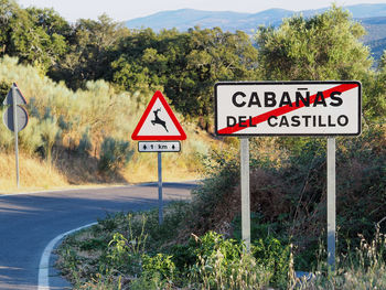 Information sign by road against trees