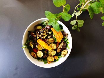 High angle view of salad in bowl on table