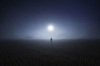 Silhouette man standing amidst grassy field against sky during foggy weather at night