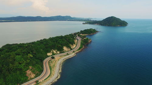 High angle view of bay against sky