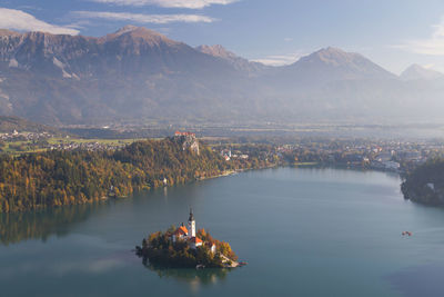 Scenic view of lake by mountains against sky