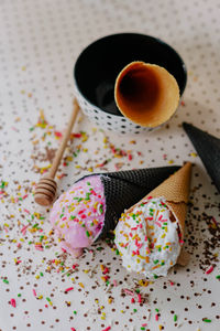 High angle view of dessert on table