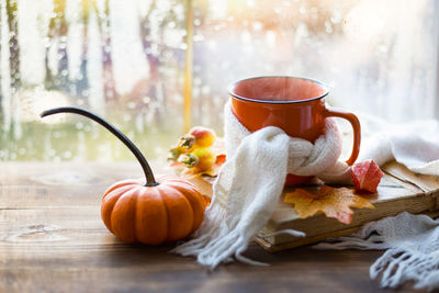 High angle view of pumpkin on table