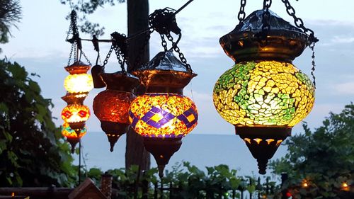 Low angle view of colorful lanterns hanging on tree