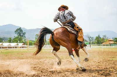 Man riding horse running on field