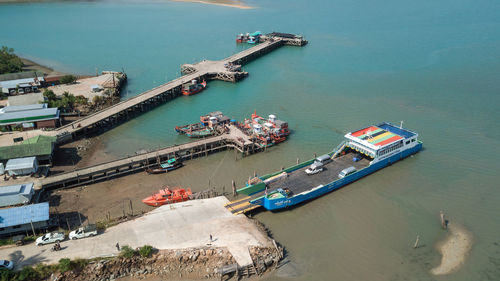 High angle view of boats in sea