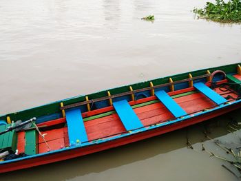 High angle view of boats moored in water