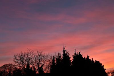 Low angle view of silhouette trees against dramatic sky