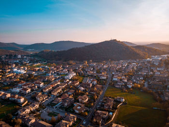 High angle shot of townscape against sky