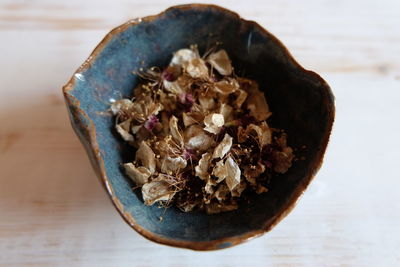 High angle view of chocolate in bowl on table