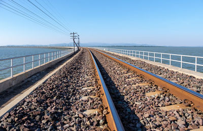 Low view of the curved concrete bridge of the railway line along the reservoir.