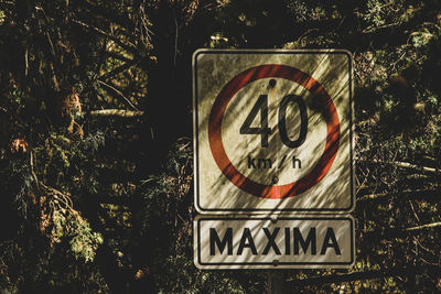 Low angle view of road sign against trees