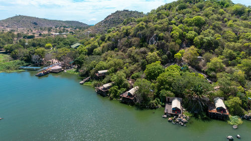 High angle view of boats in sea