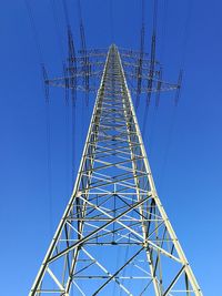 Low angle view of electricity pylon against clear sky