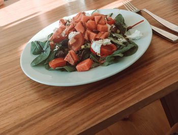 High angle view of food in plate on table