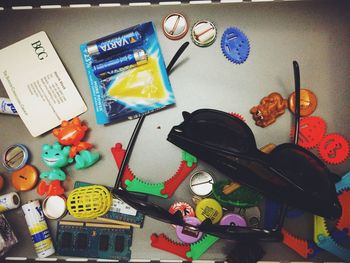 Multi colored objects on table