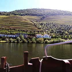 Scenic view of river by buildings against sky