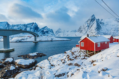 Scenic view of snowcapped mountains against sky during winter