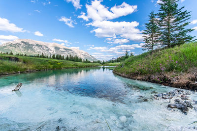 Scenic view of river amidst mountains against sky