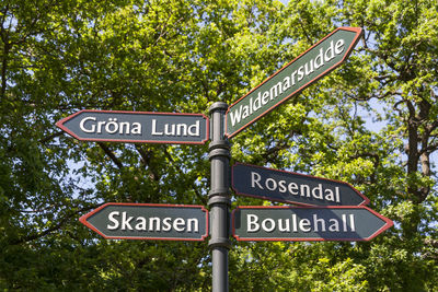 Close-up of road signs in forest