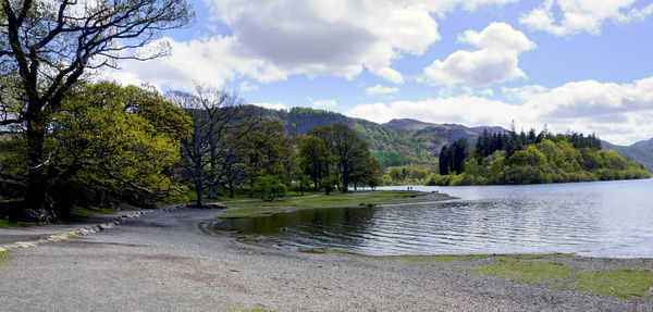 Scenic view of lake against cloudy sky