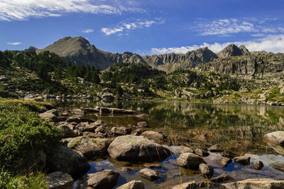 Scenic view of rocks and mountains against sky