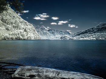 Scenic view of snowcapped mountains by sea against sky