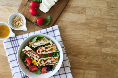 High angle view of breakfast served on table