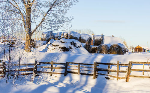 Snow covered field against sky