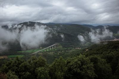 Scenic view of mountains against cloudy sky