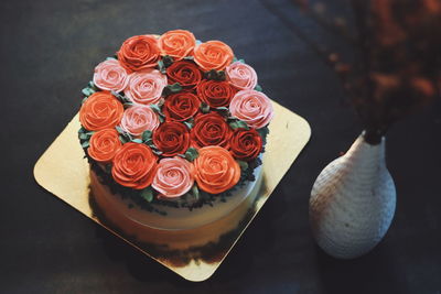 High angle view of roses on table