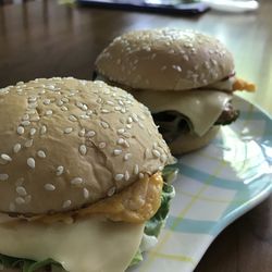 Close-up of burger on table