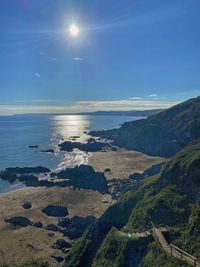 Scenic view of sea against bright sun